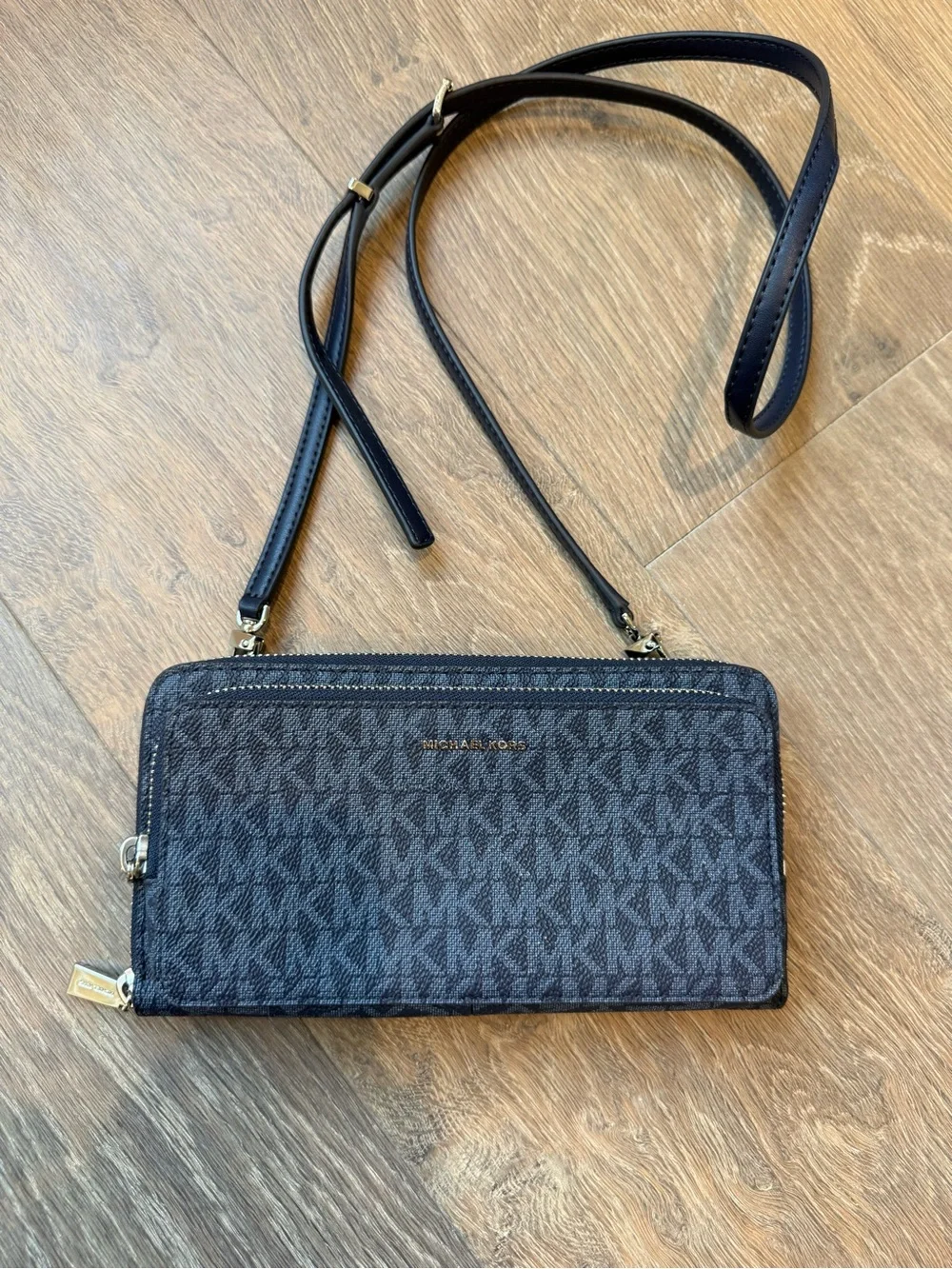 Michael Kors Blue and Dark Gray MK Signature Crossbody Wallet NWOT